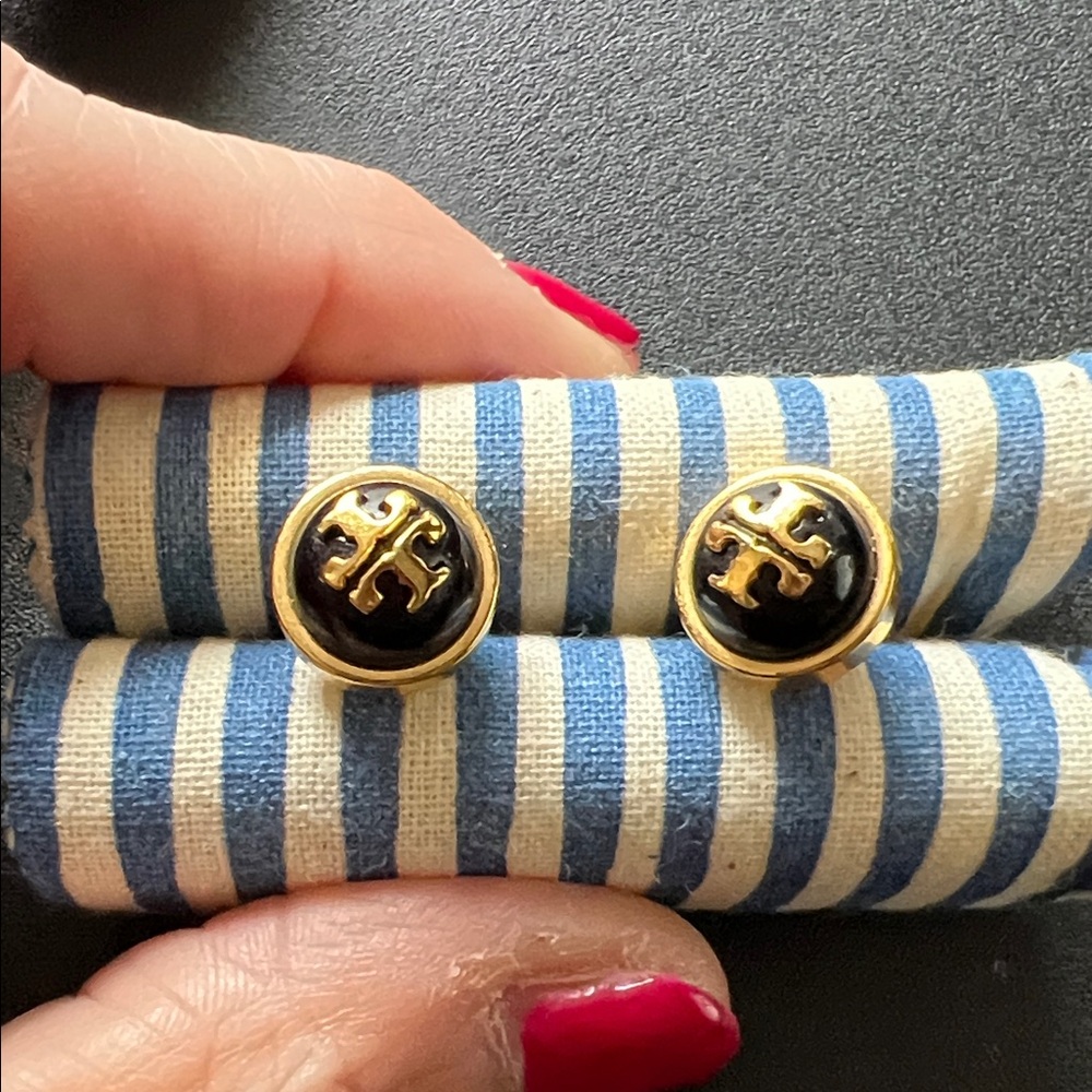 Tory Burch Signature Logo Black and Gold Stud Earrings Hard to Find